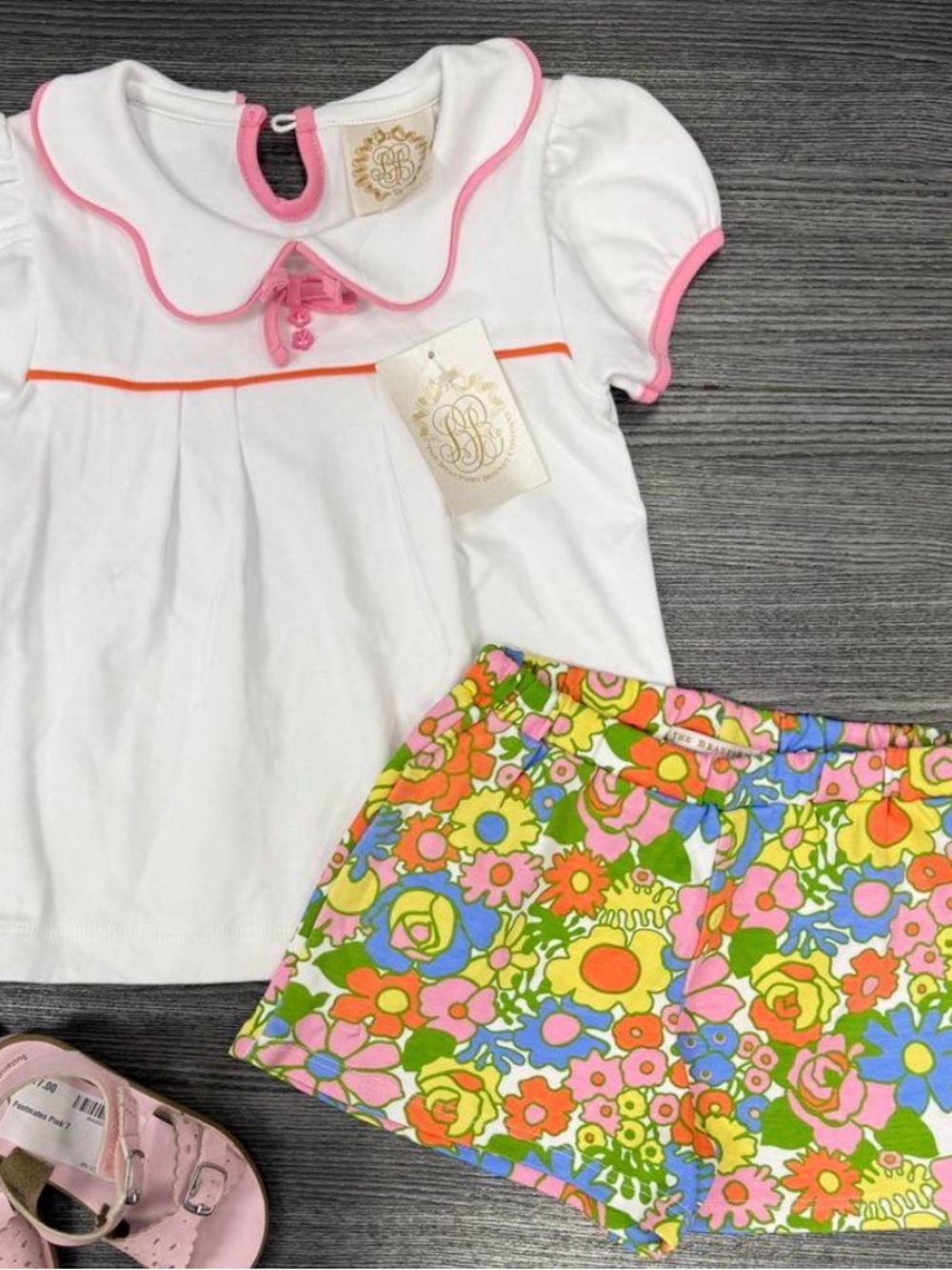 The Beaufort Bonnet Company White Top with Pink Trim & Multicolor Floral Shorts